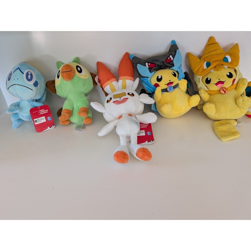 Pokémon Plush lot of 5- 2 Pikachu w/Charizard Hoods, Scorbunny, Sobble, Grookey